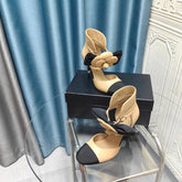 HIGH HEELS IN DARK CREAM MIX BLACK SHEEPSKIN WITH FLOWER